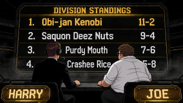 A fantasy division standings board in the broadcast booth